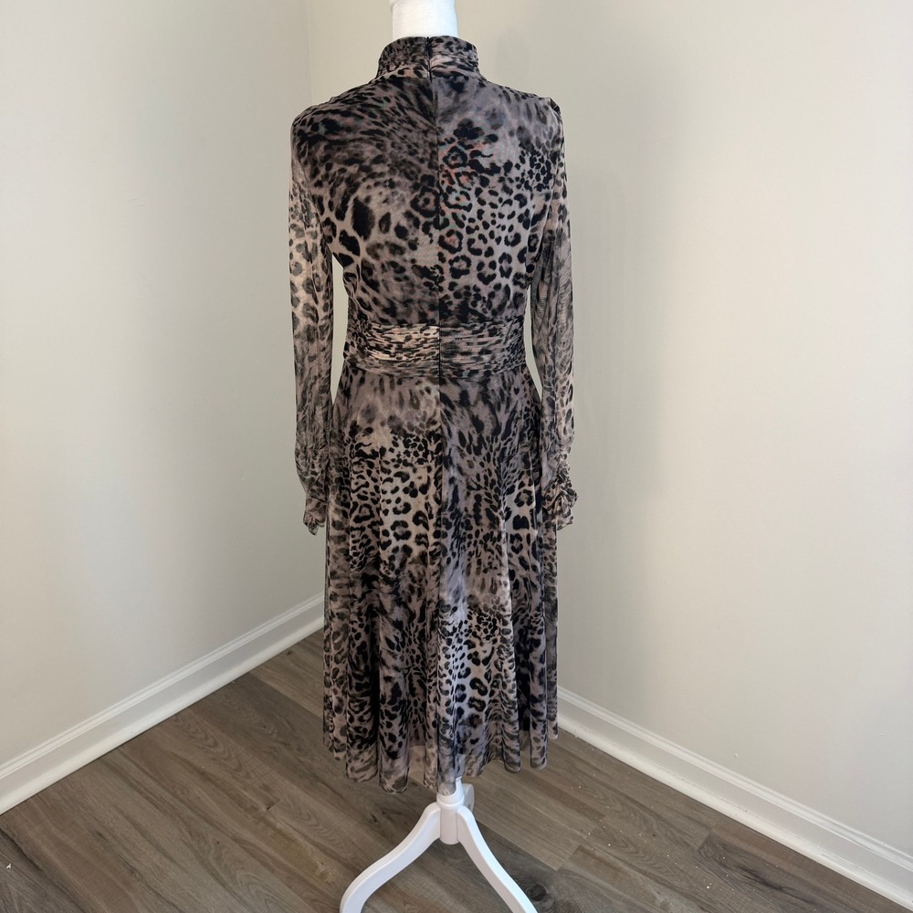 Eliza J Animal Print Mesh Midi Dress Womens Size 8 Mock Neck Ruched Leopard - Picture 5 of 13